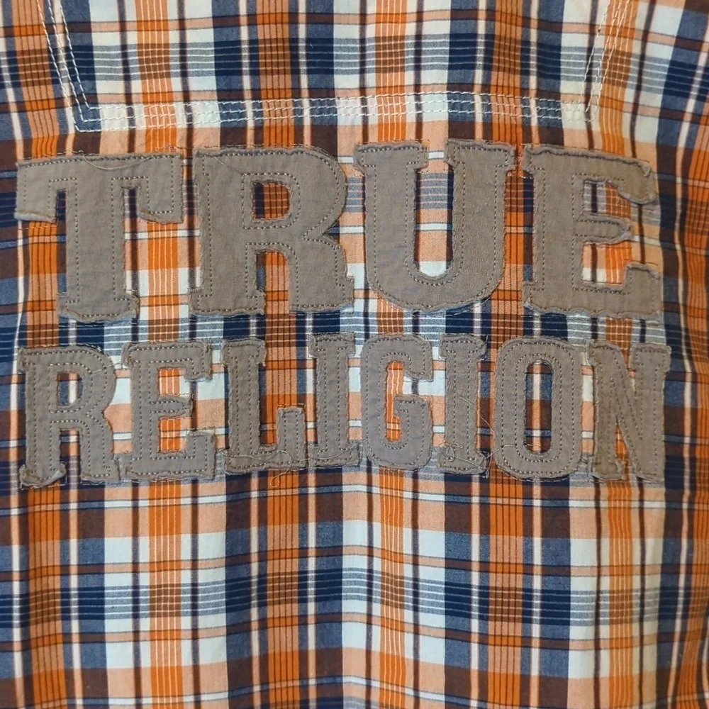 True Religion Mens Button Up Plaid Orange/Blue Sz M